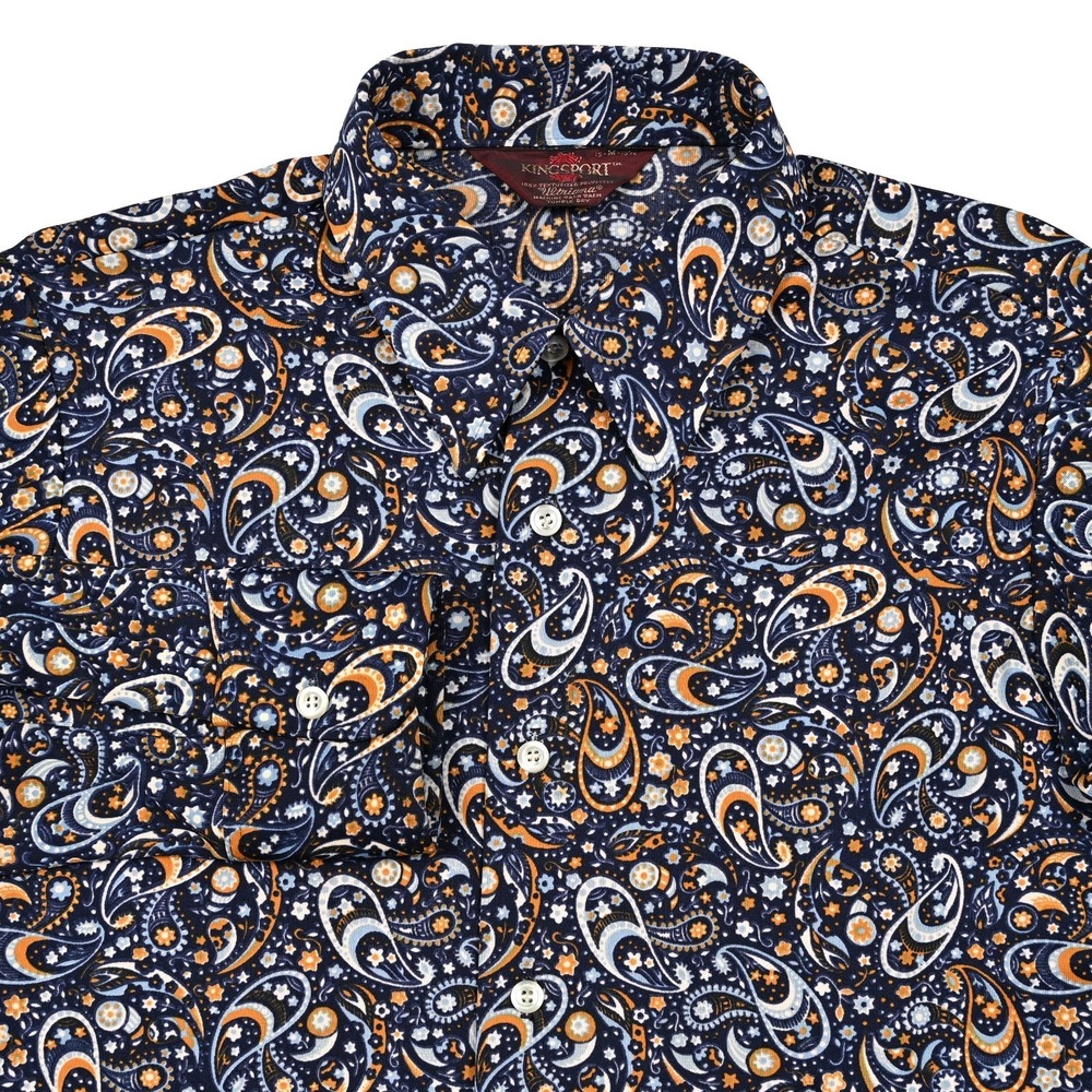 Mens Vintage 70s Disco Shirt Print Long Sleeve Kingsport Paisley Floral 15.5 M